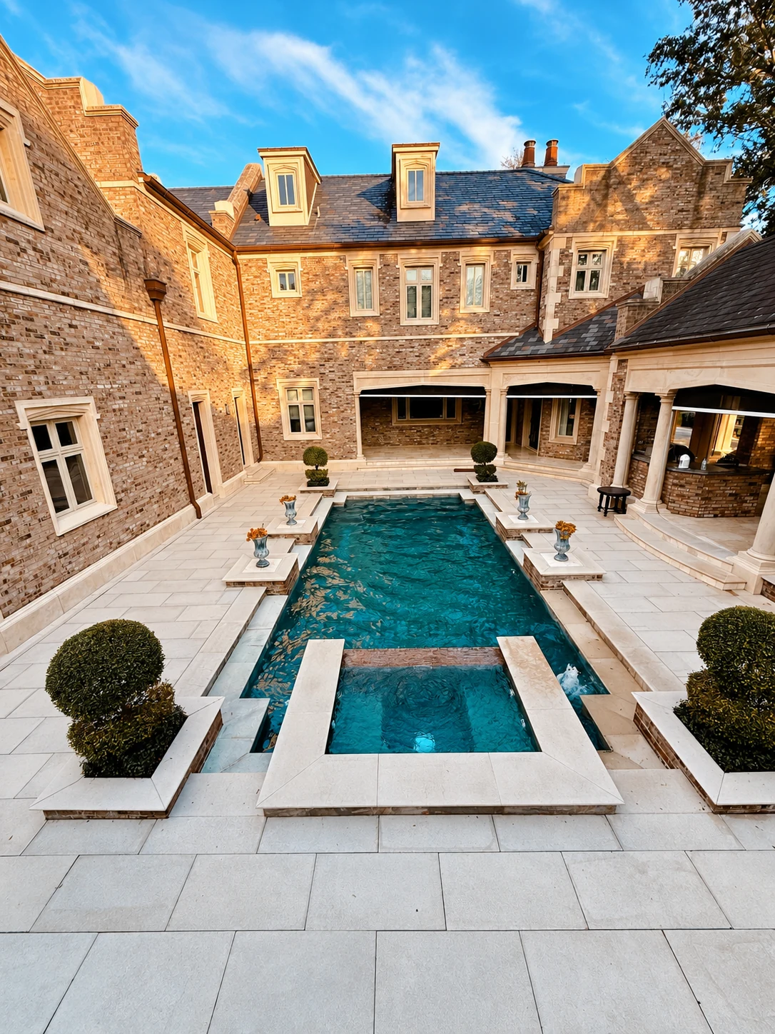 Elevated view of a courtyard pool and raised spa surrounded by light rectangular stone paving and brick architecture.